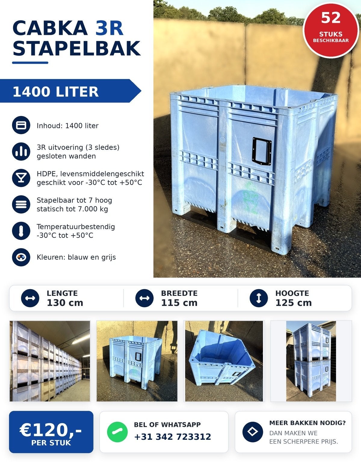 1400L stapelbak/voerbak/bak/opslagbak/palletbox/container, Ophalen, Gebruikt, 100 cm of meer, 60 cm of meer