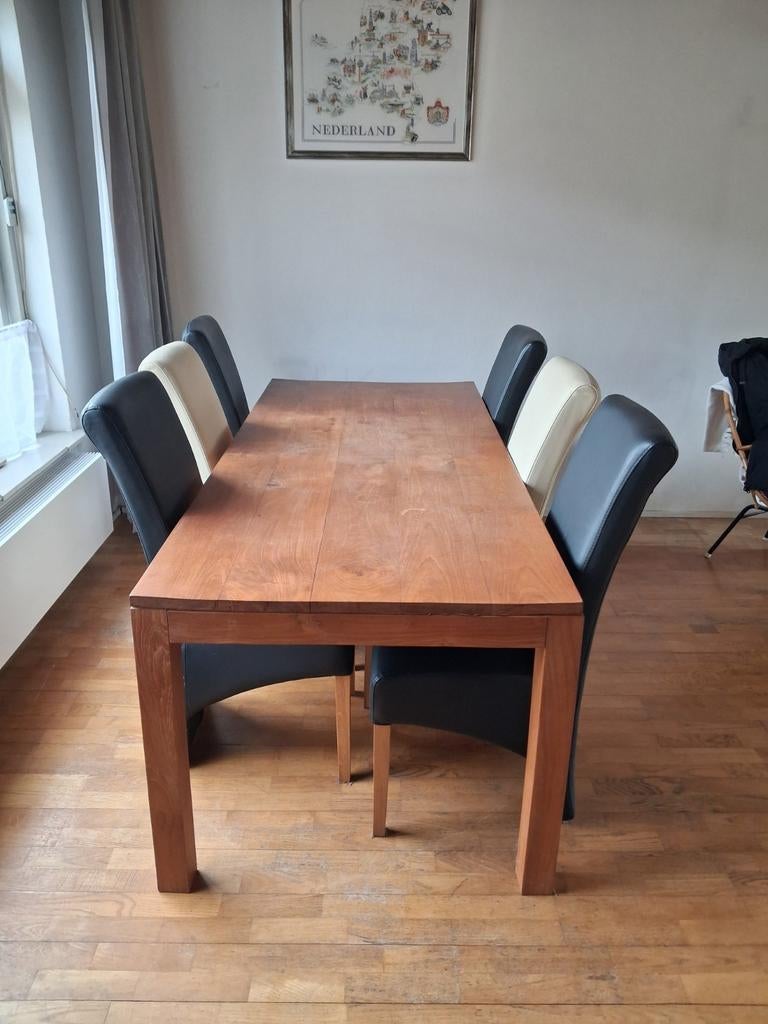 Teakhouten eettafel met stoelen (opknapper), Ophalen, Gebruikt, Teakhout, 200 cm of meer