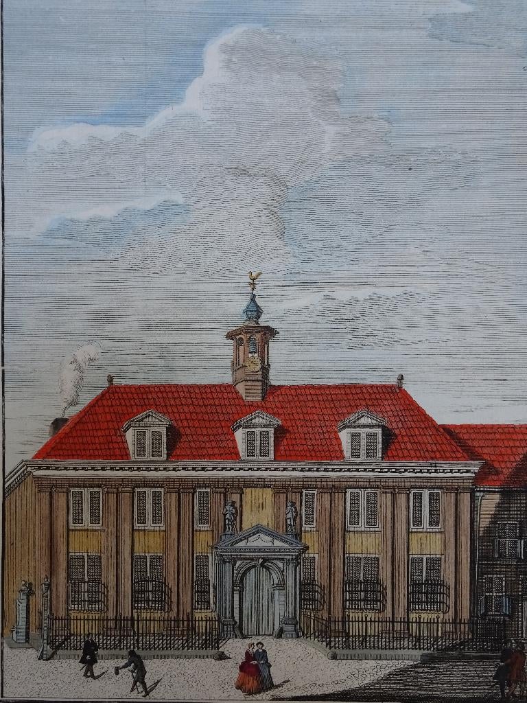 Gravure handgekleurd Gasthuis in Breda BF Immink, 18e eeuw, Antiek en Kunst, Verzenden, Architectuur, Gravure, 1700 - 1799