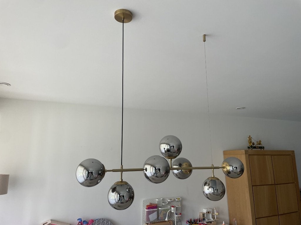Design hanglamp 7-lichts smoke spiegelend glas, Ophalen, E27 (groot), Zo goed als nieuw, Glas