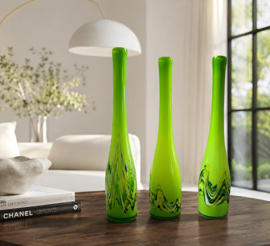 Vintage handgeblazen design vazen, Murano stijl groen 46 cm, Antiek en Kunst, Ophalen of Verzenden