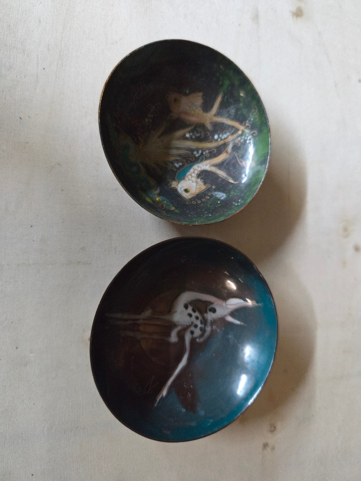 Vintage geëmailleerde koperen schaaltjes (Set van 2) – Hert, Ophalen of Verzenden, Koper