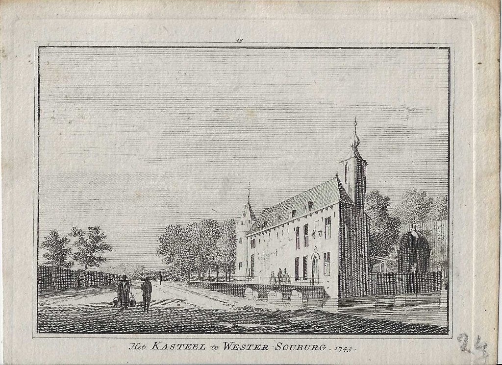 Het Kasteel te Wester-Souburg 1743 Kopergravure St.Aldegonde, Ophalen of Verzenden, Gravure, 7 cm, 10 cm