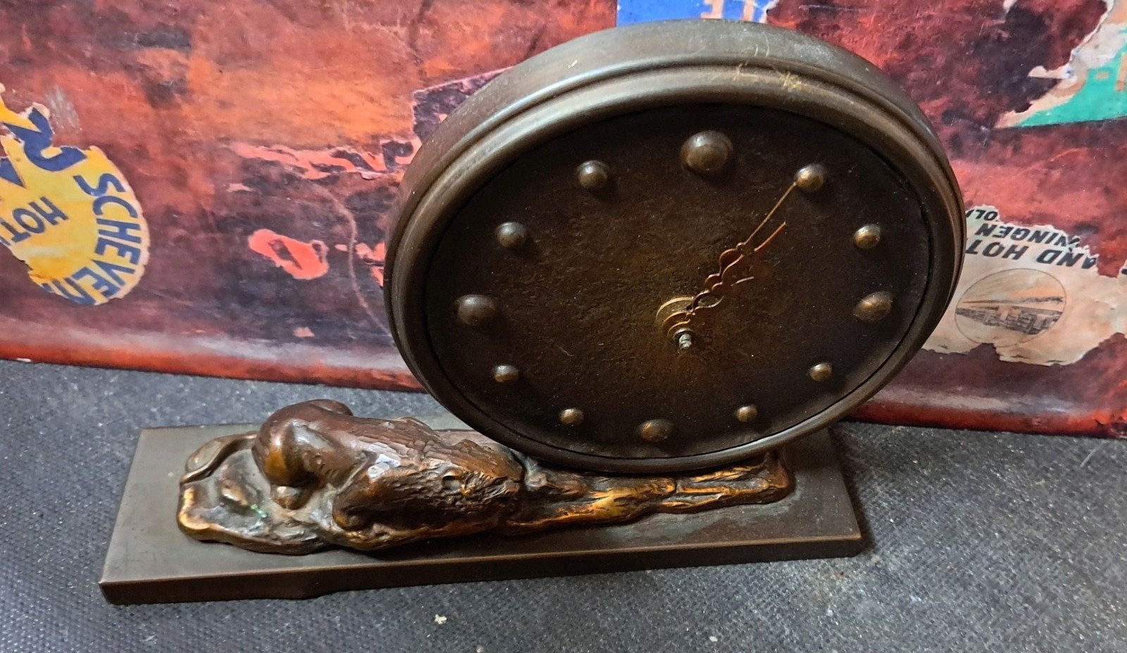 Vintage bronzen klok met panter figuur - werkt niet, Ophalen of Verzenden