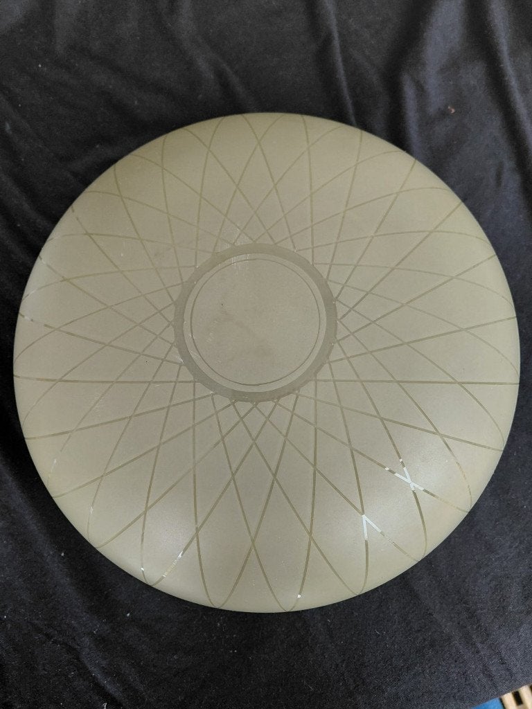 plafondlampekap ArtDeco Plafonnière Glas beigewit mt patroon, Gebruikt, Art deco, Rond, Ophalen of Verzenden