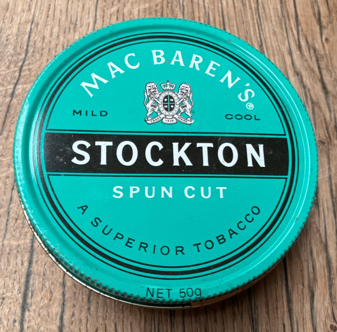 Vintage groen Mac Baren's Stockton tabaksblikje 50g, Verzamelen, Rookartikelen, Aanstekers en Luciferdoosjes, Ophalen of Verzenden