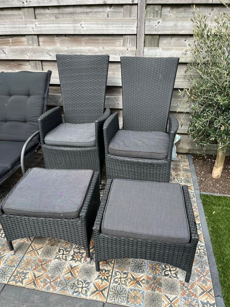 Twee verstelbare tuinstoelen en 2 hockers, Tuin en Terras, Ophalen, Gebruikt, Kunststof, Verstelbaar