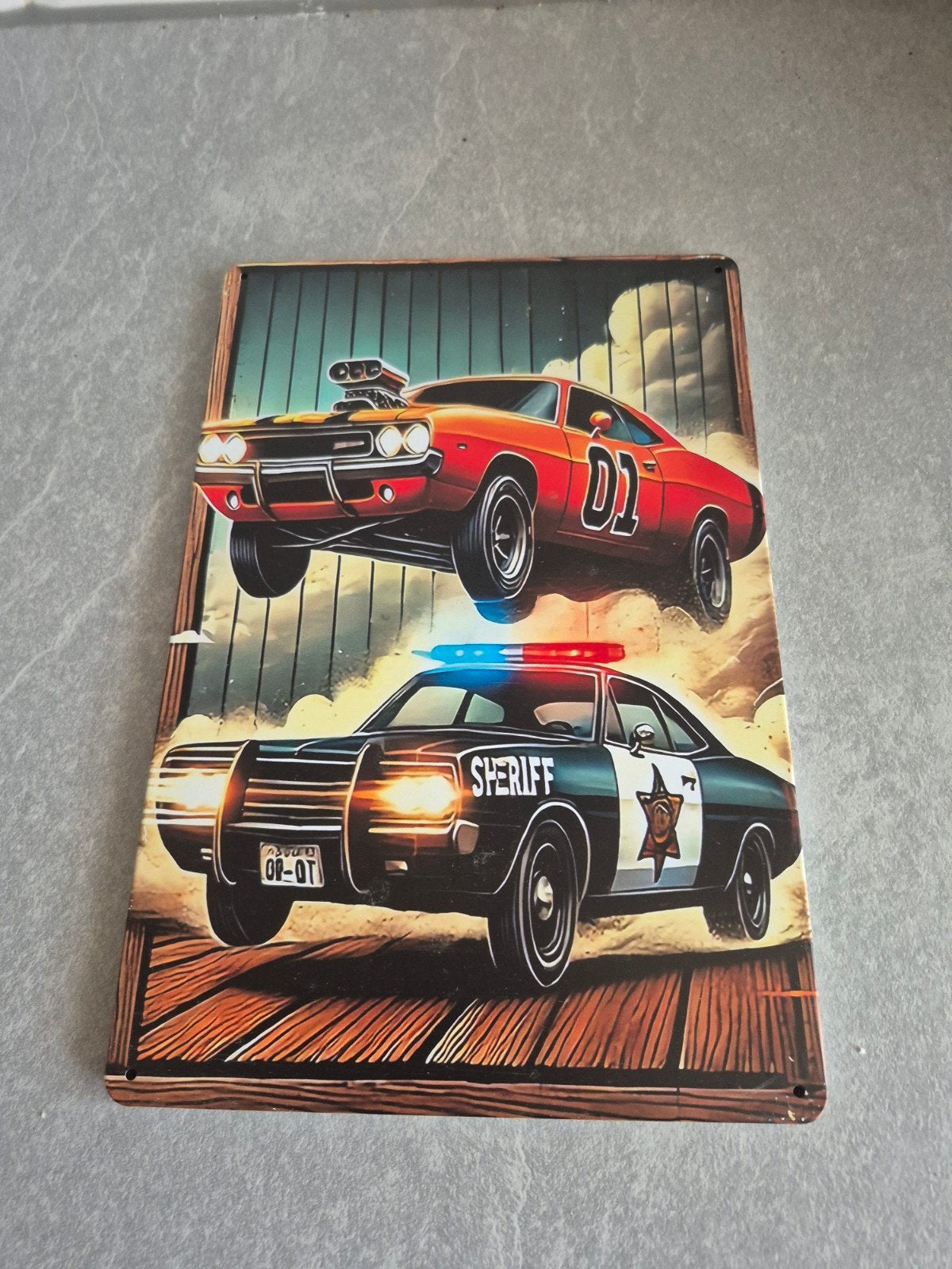 Metalen wandplaat Dukes of Hazzard en Sheriff auto, Ophalen of Verzenden, Nieuw, Reclamebord