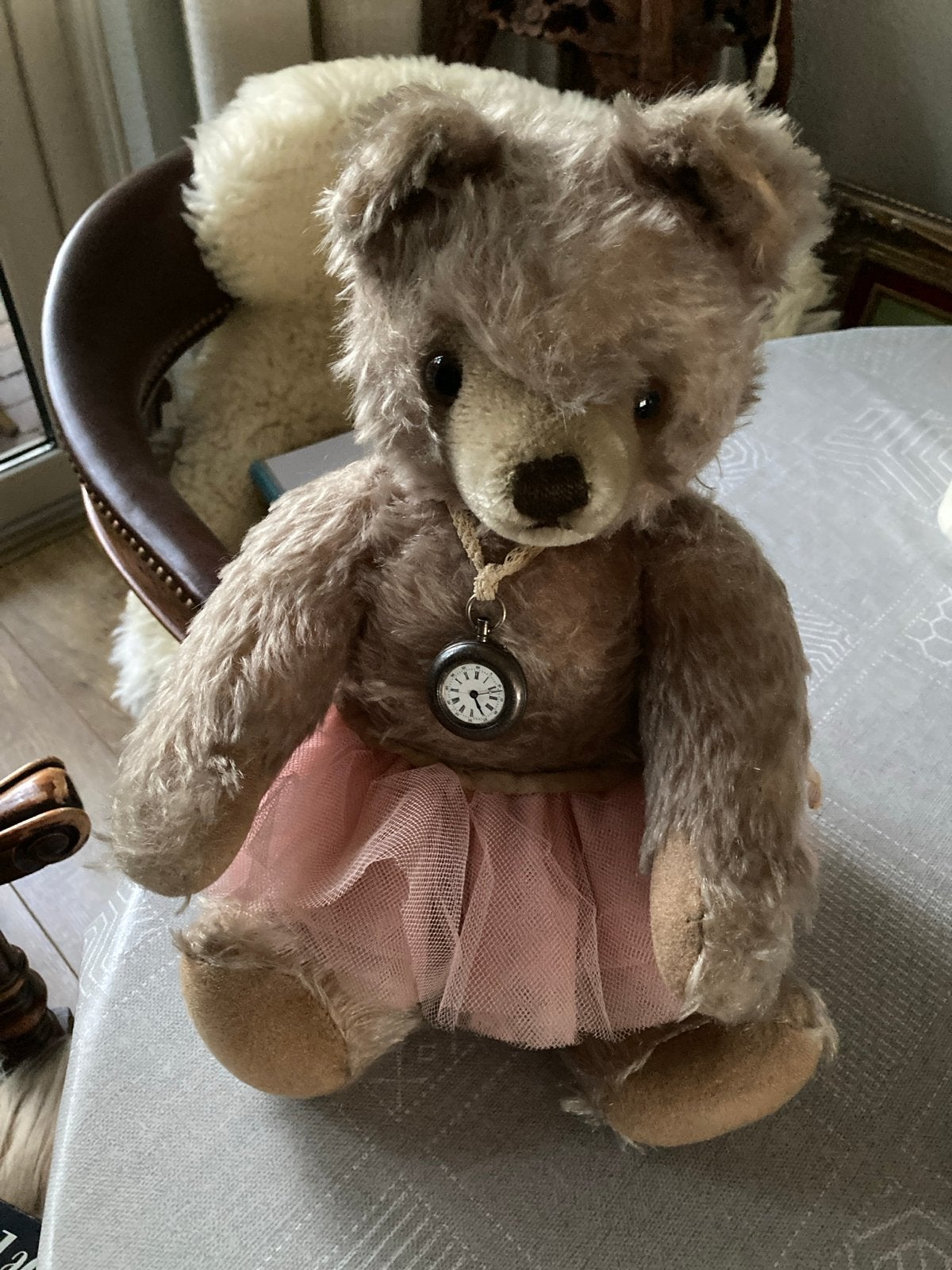 Vintage Steiff Teddybeer met Roze Tule Rokje en Klokje, Ophalen of Verzenden