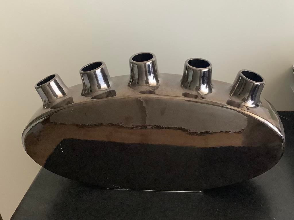 Brede brons kleurige glans brede vaas met 5 openingen 50 cm, Huis en Inrichting, Woonaccessoires | Vazen, Overige kleuren, Aardewerk of Porselein