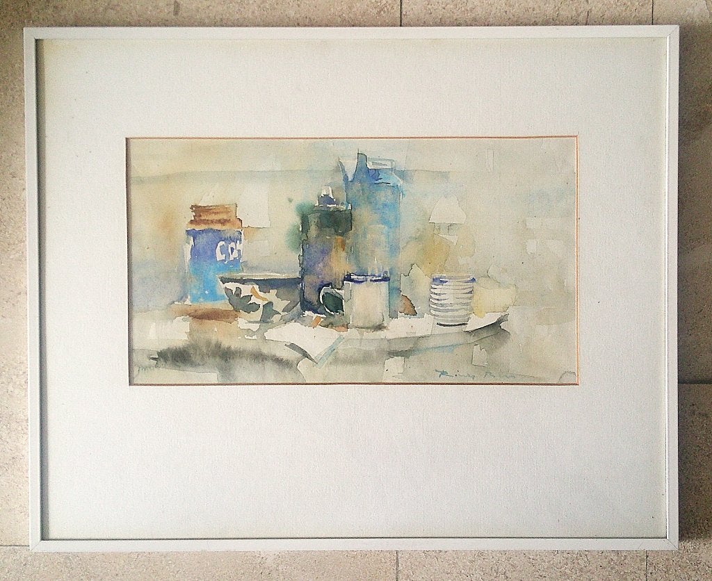 Stilleven - Koffie op tafel - Riny Bus (Meppel / Groningen), Expressionistisch, Stilleven, Ophalen of Verzenden, Aquarel