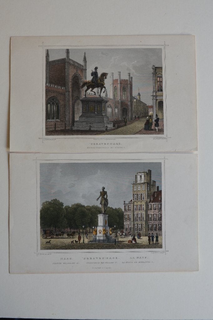 DEN HAAG WILLEM I en WILLEM II 2 Gravures Terwen 1858 GS9, Antiek en Kunst, Met tekst, 1800 - 1899, Stadsgezicht, Ophalen of Verzenden