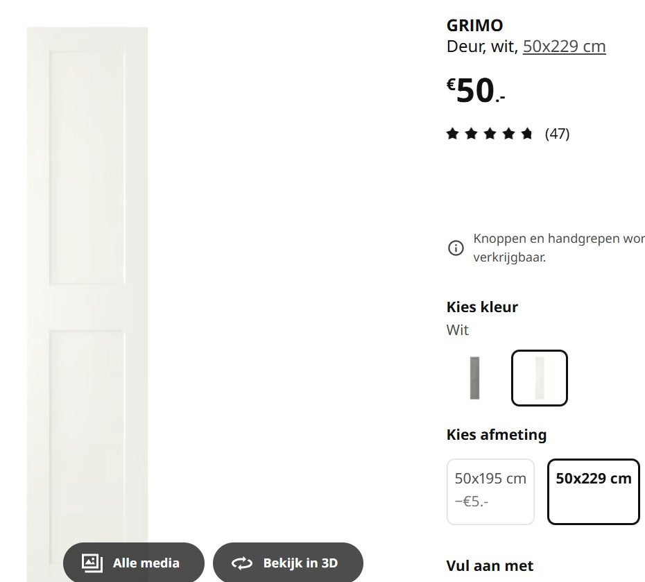 pax deur grimo wit 50x229cm, Ophalen, 200 cm of meer, 50 tot 100 cm, Zo goed als nieuw