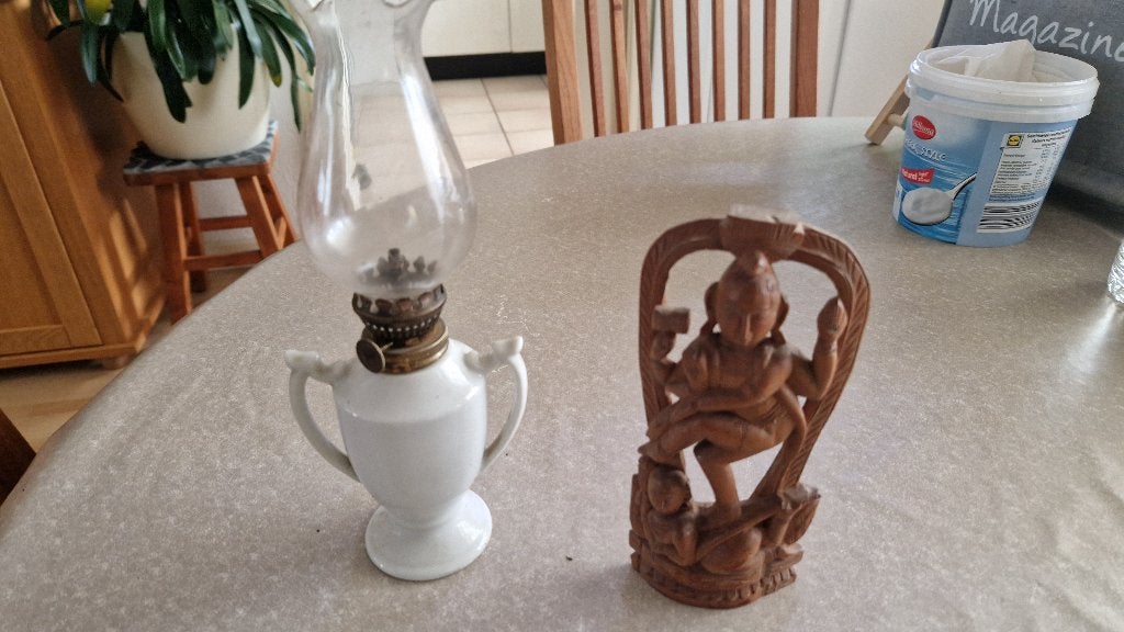 brocant olielampje - houten beeldje indonesie, Ophalen of Verzenden