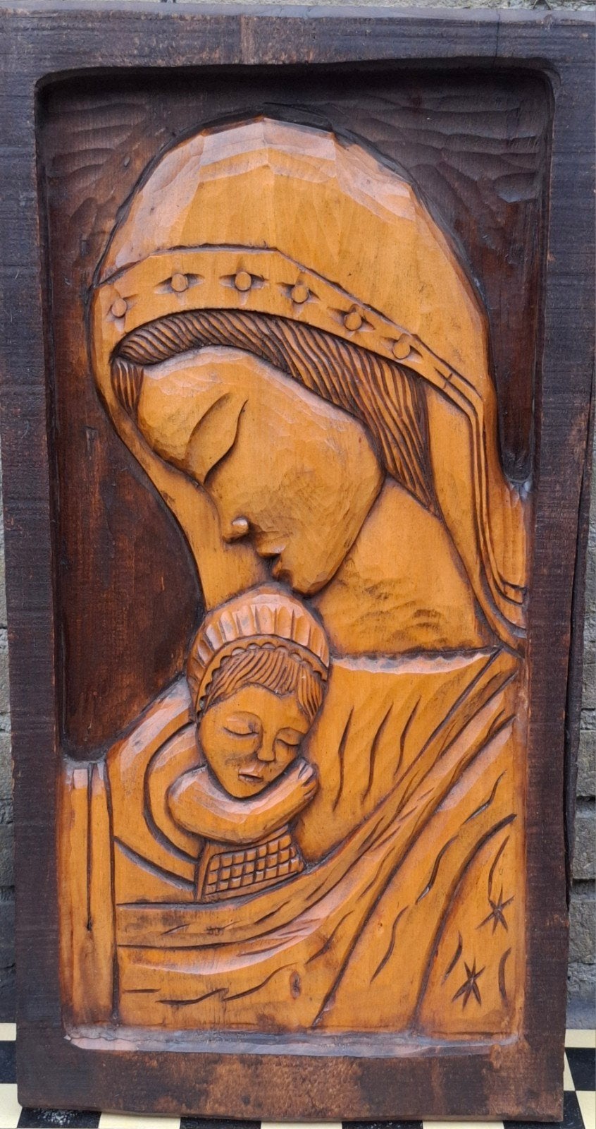 Maria met kindje Jezus.  Houtsnijwerk.  36/71/5 cm., Ophalen, Zo goed als nieuw, Overige typen, Christendom | Katholiek