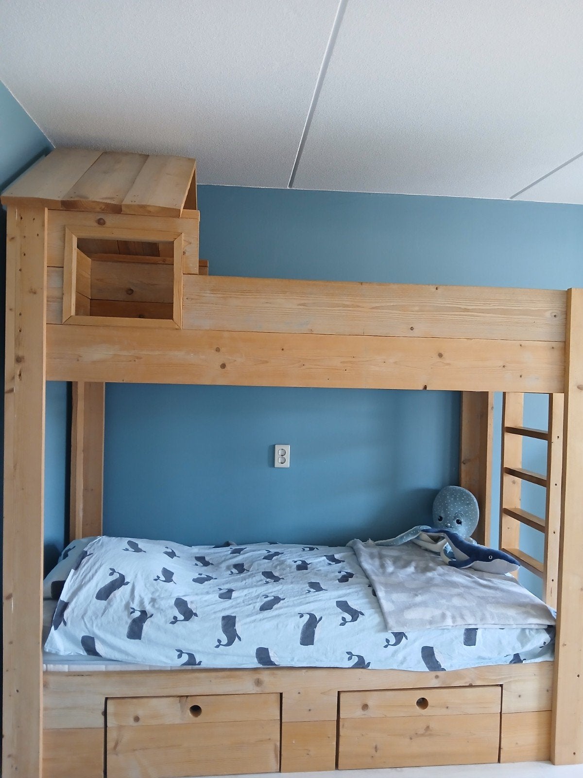 Steigerhout stapelbed met lades, Ophalen, Tweepersoons, 90 cm, Stapelbed