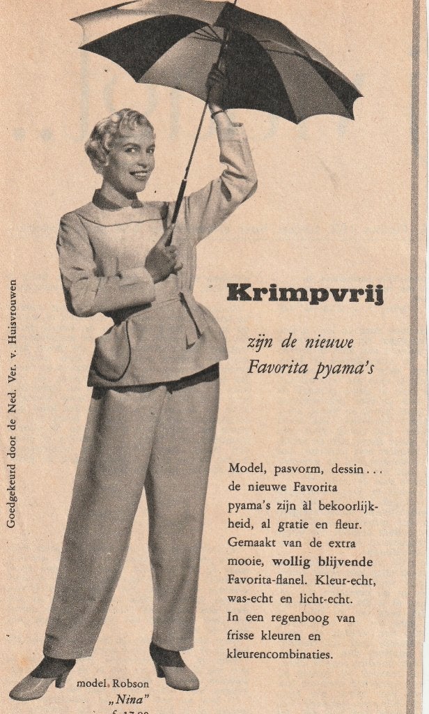 Retro reclame 1956 Favorita dames pyjama's zijn krimpvrij, Verzenden, Overige typen