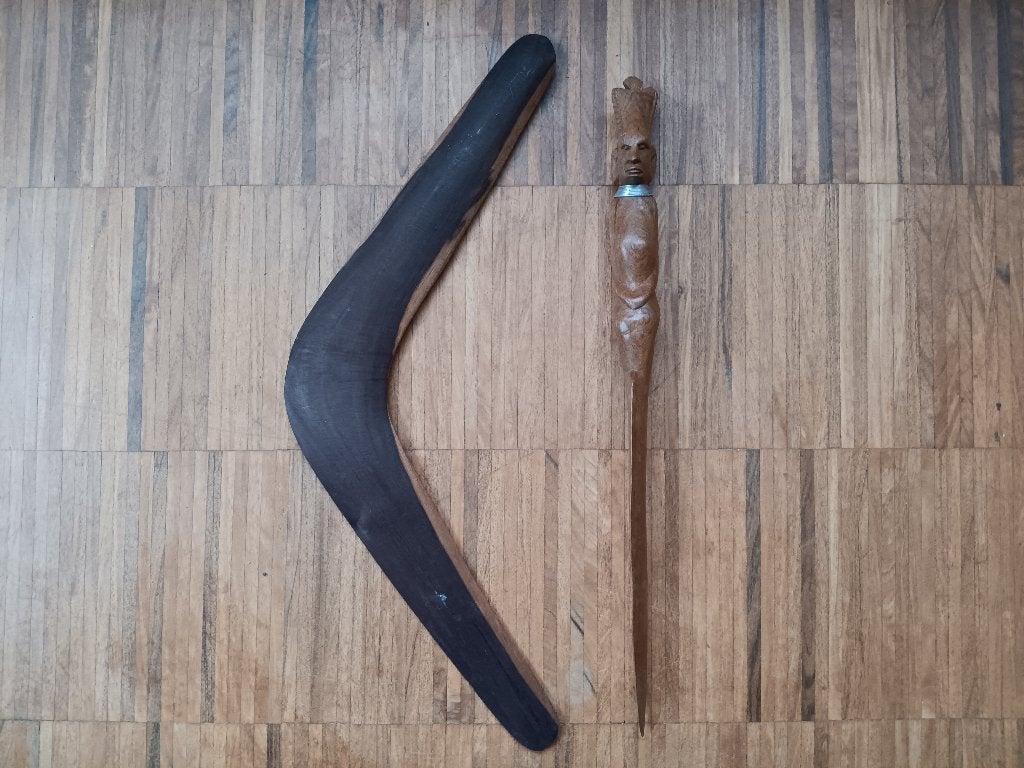 Houten oude boemerang en Afrikaans houten mes, Ophalen of Verzenden, Hout, Houtsnijwerk, Overige onderwerpen