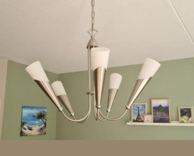 Moderne hanglamp - kroonluchter, Huis en Inrichting, Lampen | Kroonluchters, Ophalen, Zo goed als nieuw, Glas