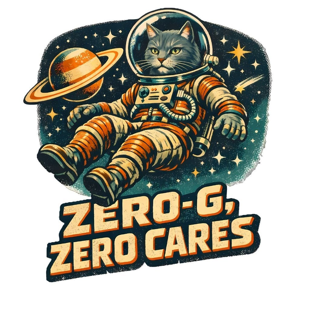 Zero-G Zero Cares Kat T-shirt | Retro Ruimtevaart Shirt, DsignrS, Nieuw, Overige maten, Meerkleurig