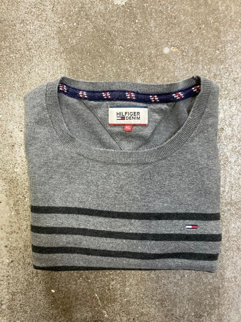 Y2k 2000s Tommy Hilfiger Sweater - XL - Grey Black Striped, Zwart, Tommy Hilfiger, Maat 56/58 (XL), Ophalen of Verzenden