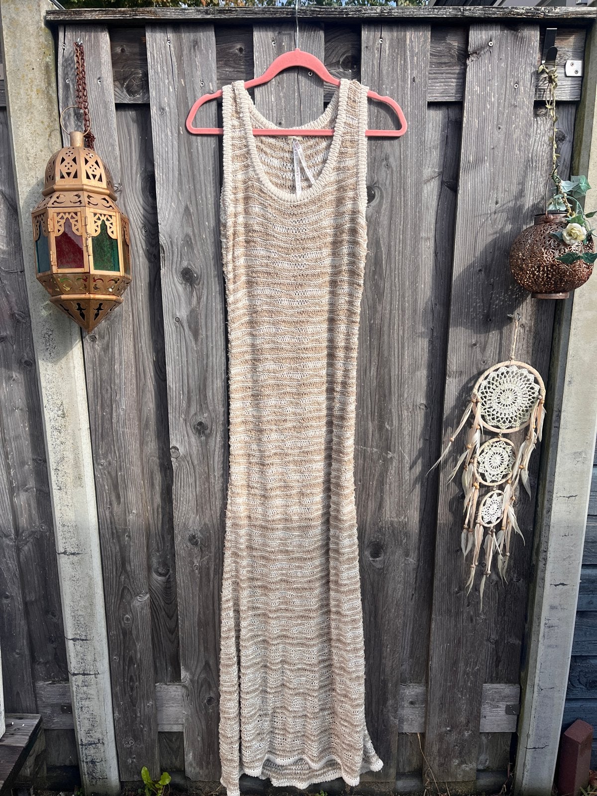 Isla Ibiza gebreide jurk - Beige/Wit gestreept, Kleding | Dames, Maat 38/40 (M), Beige, Ophalen of Verzenden, Zo goed als nieuw
