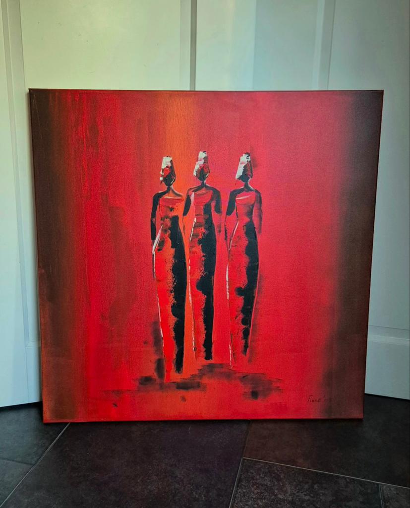 Schilderij Afrikaanse Vrouwen - Rood/Zwart - 90x90 cm, Ophalen of Verzenden