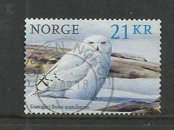 Noorwegen 2 vogels, Sneeuwuil en 	Cyanistes caeruleus, Ophalen of Verzenden, Noorwegen, Gestempeld