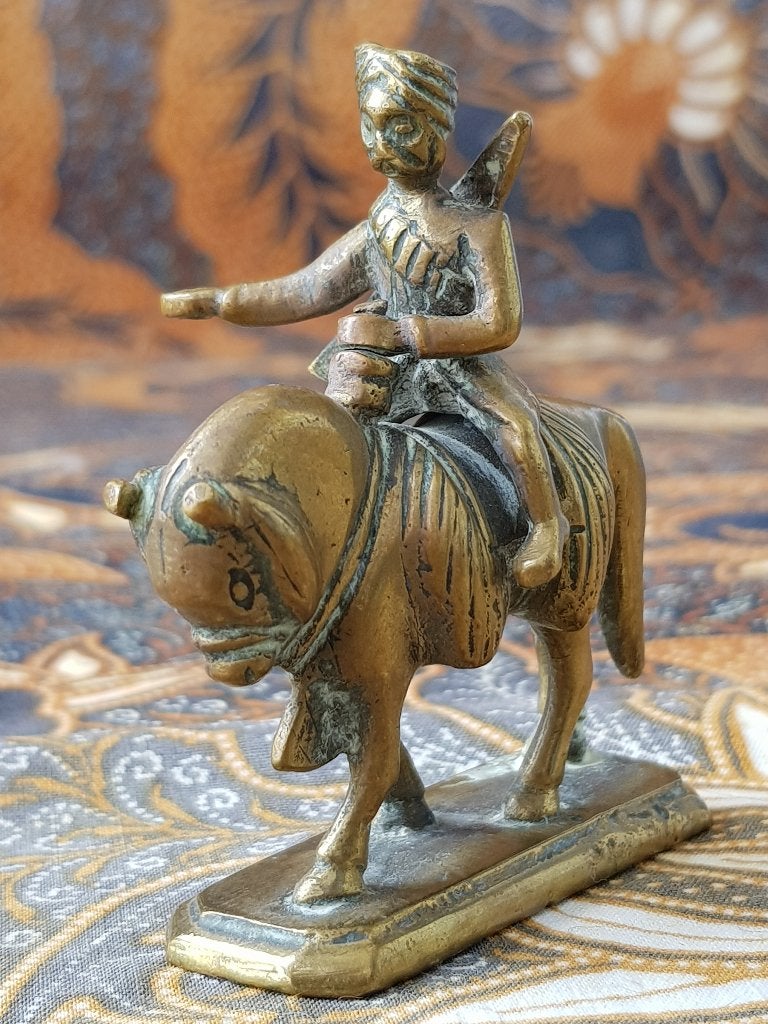 Antiek Oosters koper beeldje van paard met berijder 6,8 cm., Ophalen of Verzenden