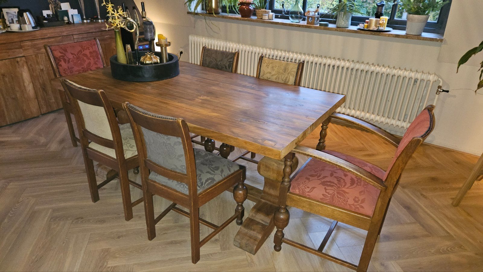 eettafel met 6 antieke stoelen - Massief hout, Ophalen