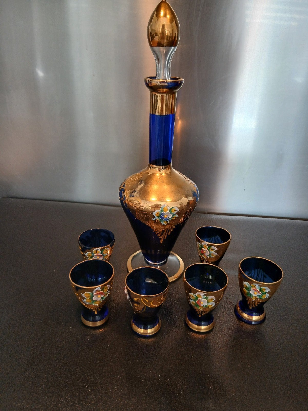 Kobalt  blauwe Karafset met 6 Glaasjes - Handgeschilder, Ophalen of Verzenden