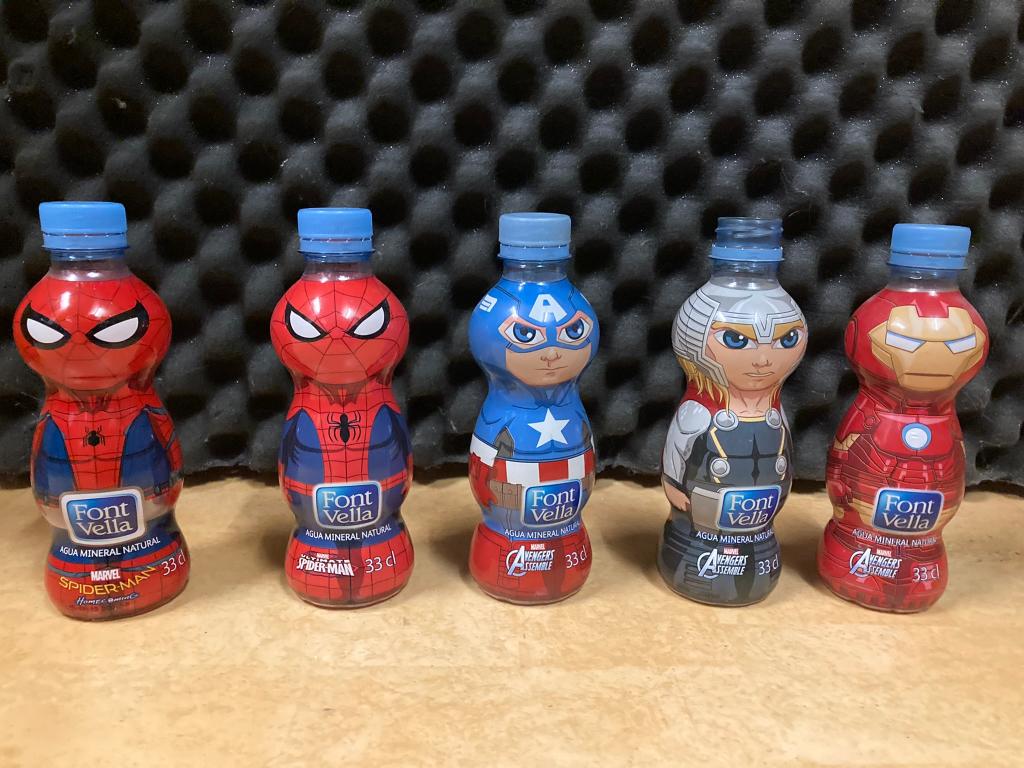 Marvel Font Vella mineraalwater flesjes Iron Man Spiderman, Ophalen of Verzenden, Zo goed als nieuw, Film, Actiefiguur of Pop
