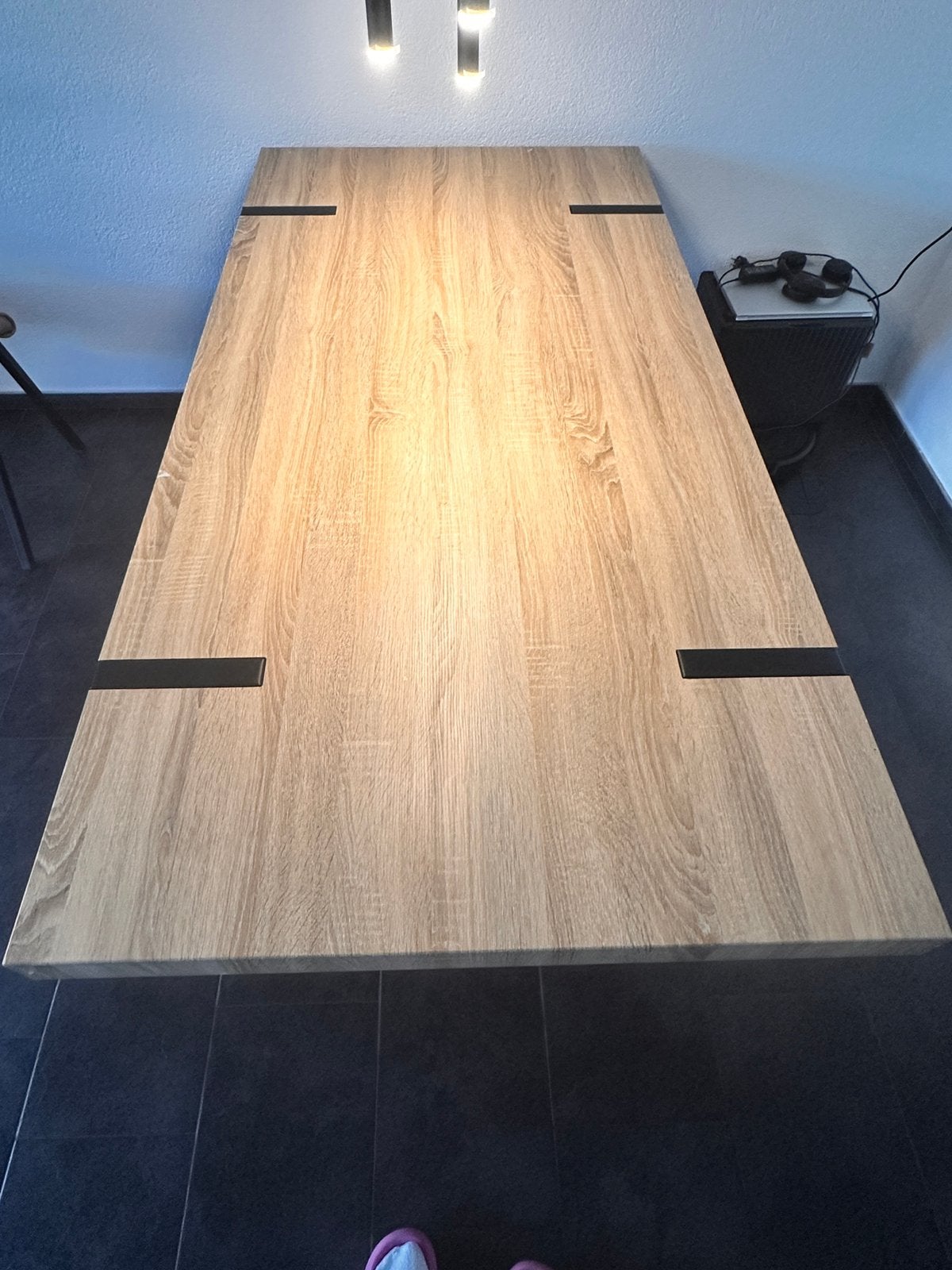 Industriële eettafel 180 x 90 cm – eikenlook – metalen poten, Ophalen, Gebruikt, 50 tot 100 cm, Vijf personen of meer