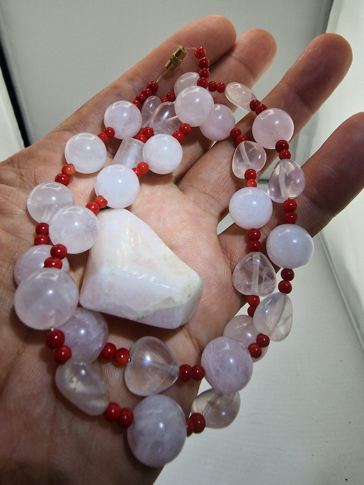 Rozenkwarts en Aquamarijn Ketting N546, Gebruikt, Onbekend, Ophalen of Verzenden, Roze