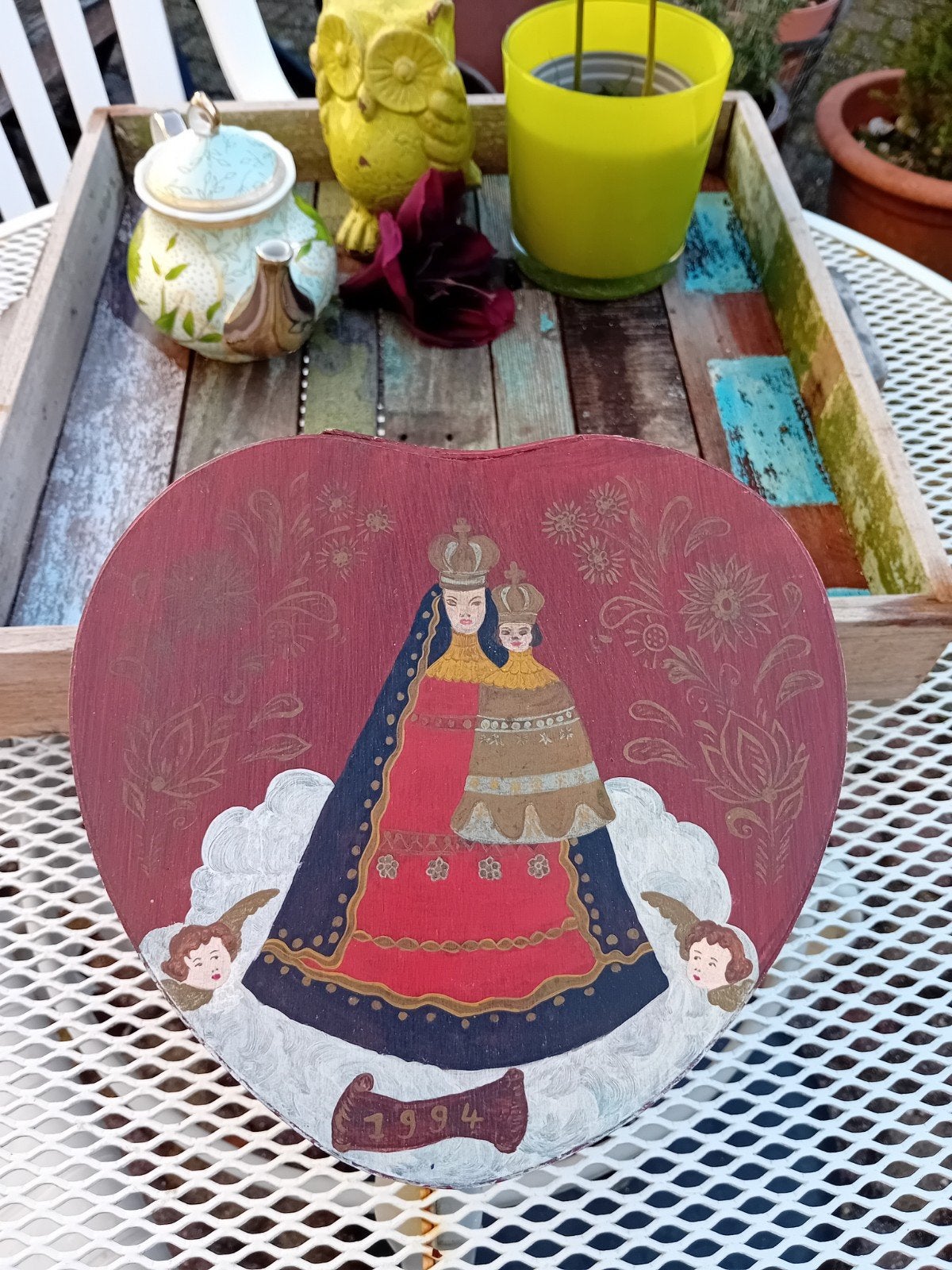 Vintage Hartvormig Houten Doos Nossa Senhora Aparecida, Antiek en Kunst, Ophalen of Verzenden