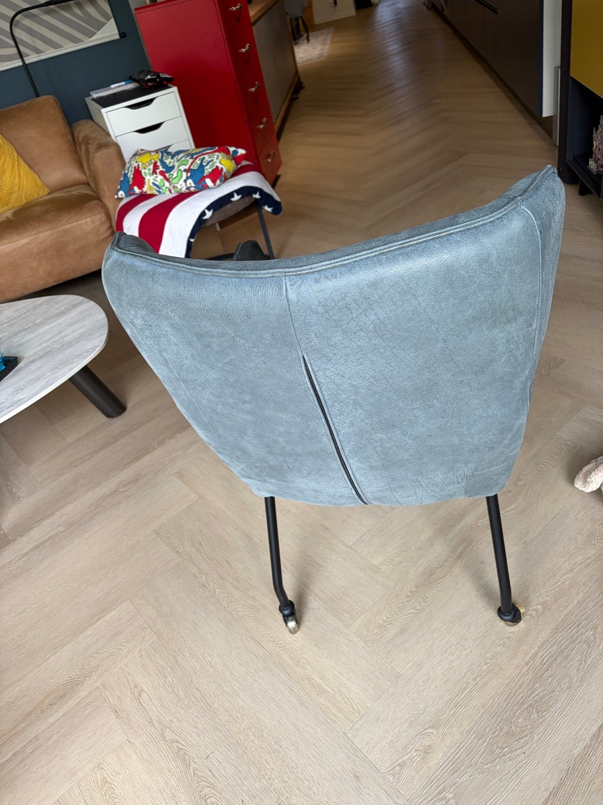 6 lederen blauw/grijze eettafelstoelen, Ophalen, Gebruikt, Overige kleuren, Leer