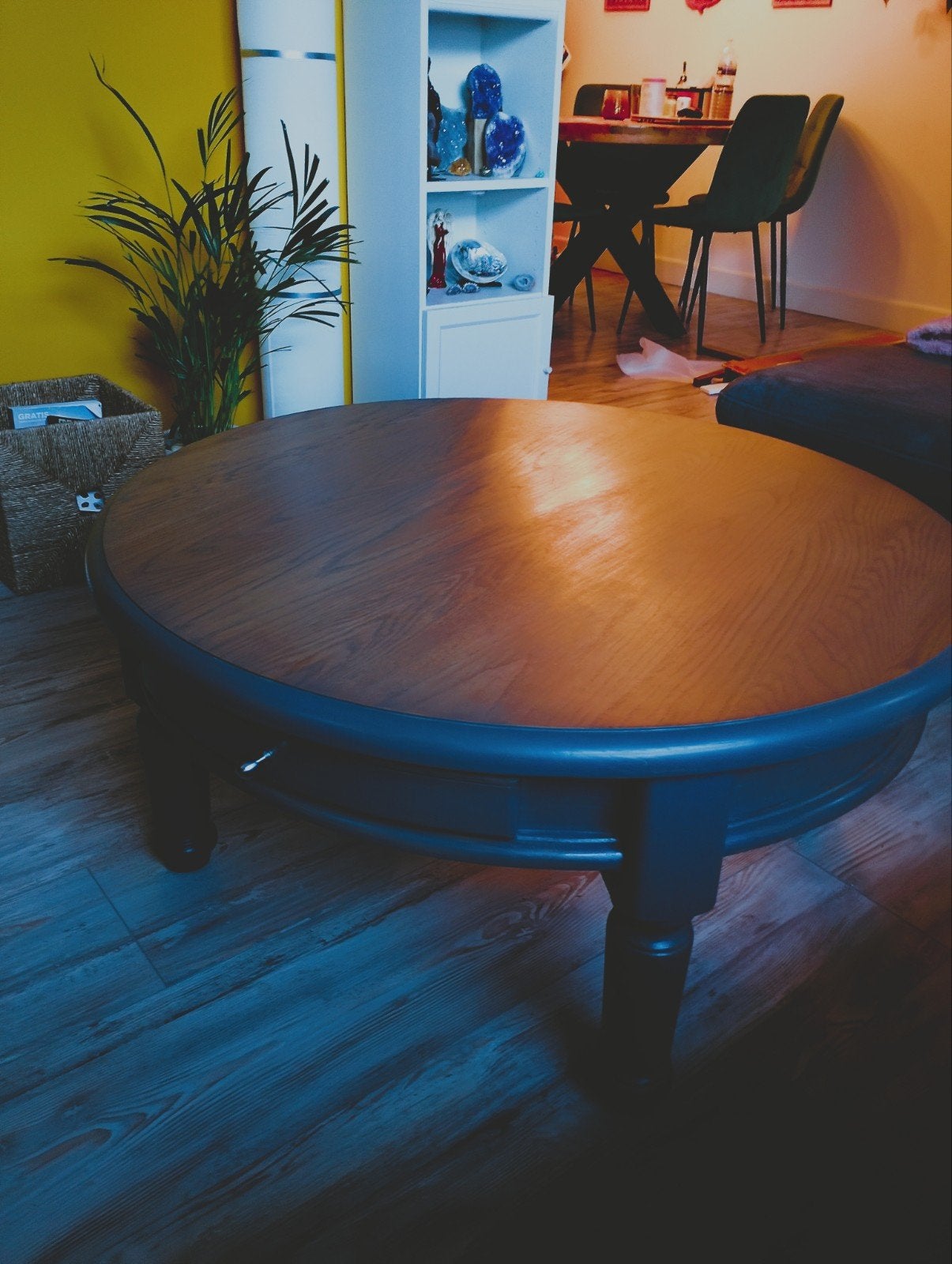 Massief eiken salontafel, rond, 100 cm, met lades, Huis en Inrichting, Ophalen, Gebruikt, 50 tot 100 cm, 5 – 50