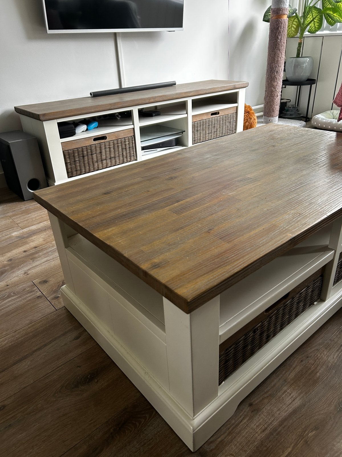 Bijpassende TV-meubel en salontafel met opbergmanden, Ophalen, Gebruikt, 150 tot 200 cm, Minder dan 100 cm