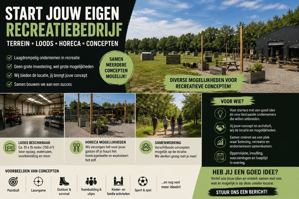 Eigen recreatiebedrijf starten?Terrein,loods,horeca mogelijk, 10000 m², Huur, Leisure
