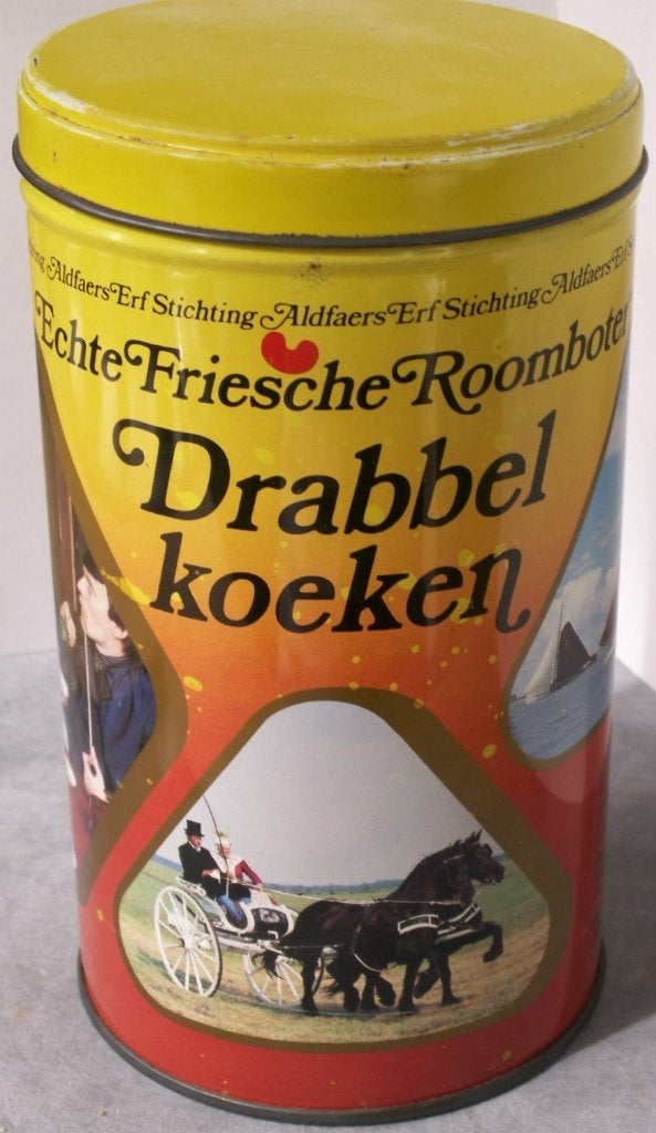 Vintage rond blik Echte Friesche Roomboter  Drabbelkoeken, Verzamelen, Ophalen of Verzenden, Zo goed als nieuw, Overige