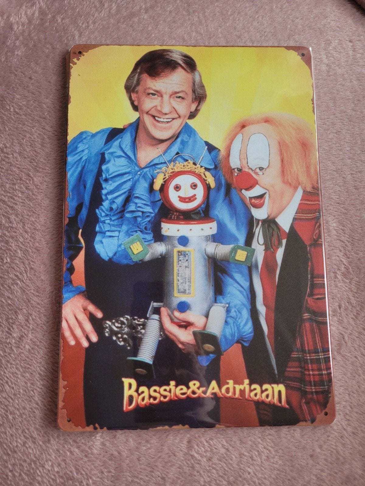 Bassie & Adriaan en Robin de Robot Wandbord 20x30 cm, Metaal, Gebruikt, Ophalen of Verzenden, Wandbord of Wandpaneel