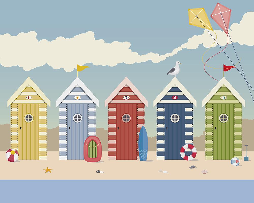 Kinderkamer vlies behang Strandhuisjes - Beach Huts - SALE, Verzenden, Minder dan 10 m², Strand, strandhuisje, strandbehang, beach,