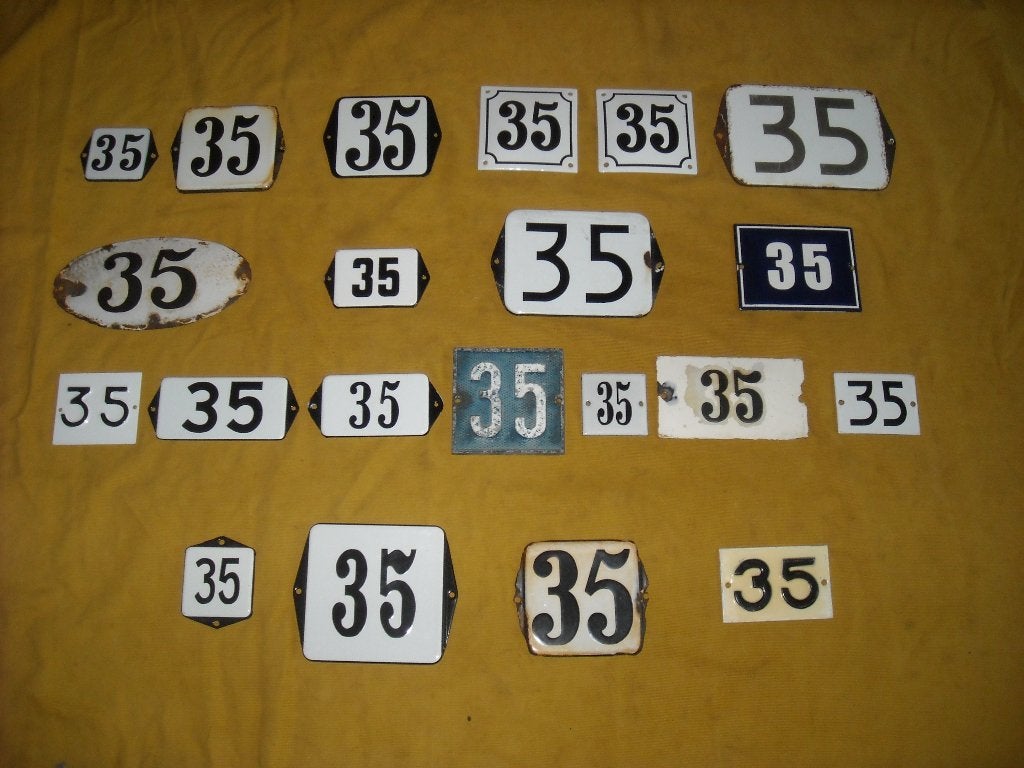 oud emaille huisnummer 35 ook 36 37 38 39 40 41 42 43 44 45, Antiek en Kunst, Ophalen of Verzenden