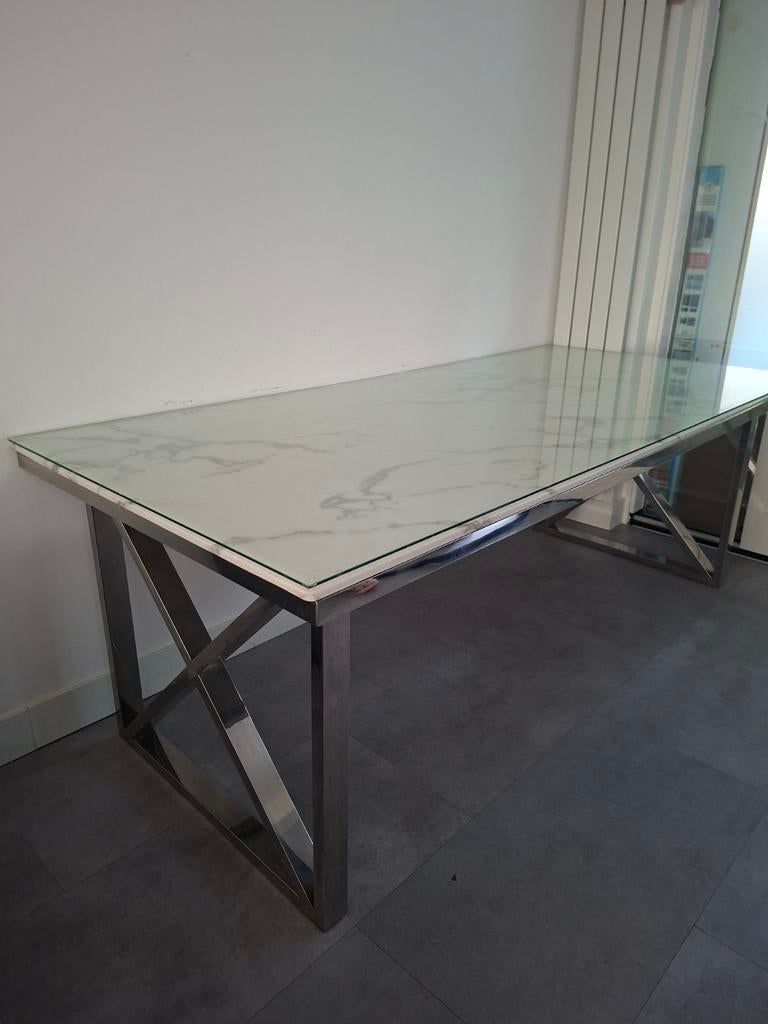 Luxe marmeren eettafel - 220x100x79cm, Ophalen, Gebruikt, 100 tot 150 cm, Overige materialen