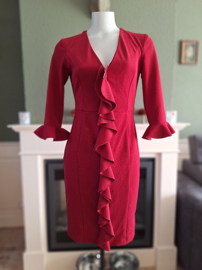 Rinascimento rood ruches jurk S 36, Kleding | Dames, Maat 38/40 (M), Verzenden, Rinascimento, Zo goed als nieuw