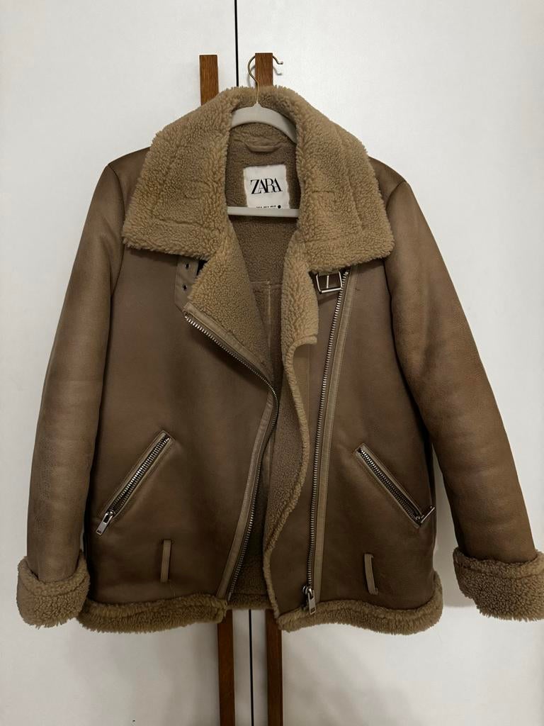 ZARA Biker Jas Maat M - Bruin met Teddy Voering, Ophalen of Verzenden, Zo goed als nieuw, Maat 38/40 (M), Bruin