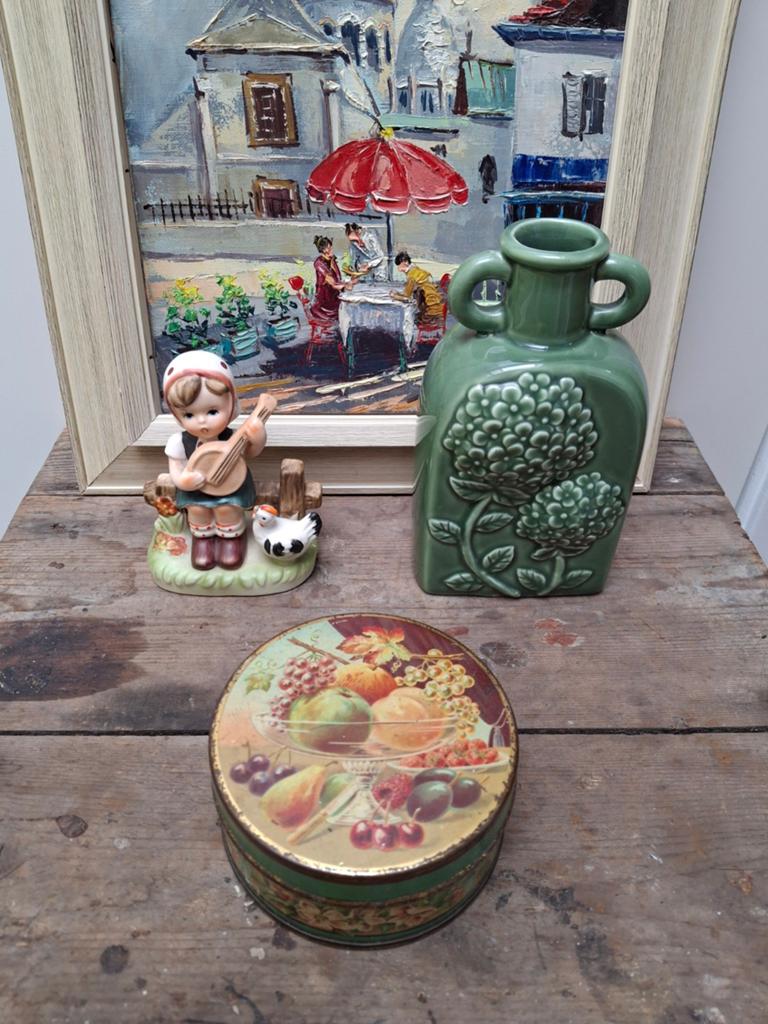 Lotje brocante woondecoratie: blikje, beeldje en vaasje, Ophalen of Verzenden