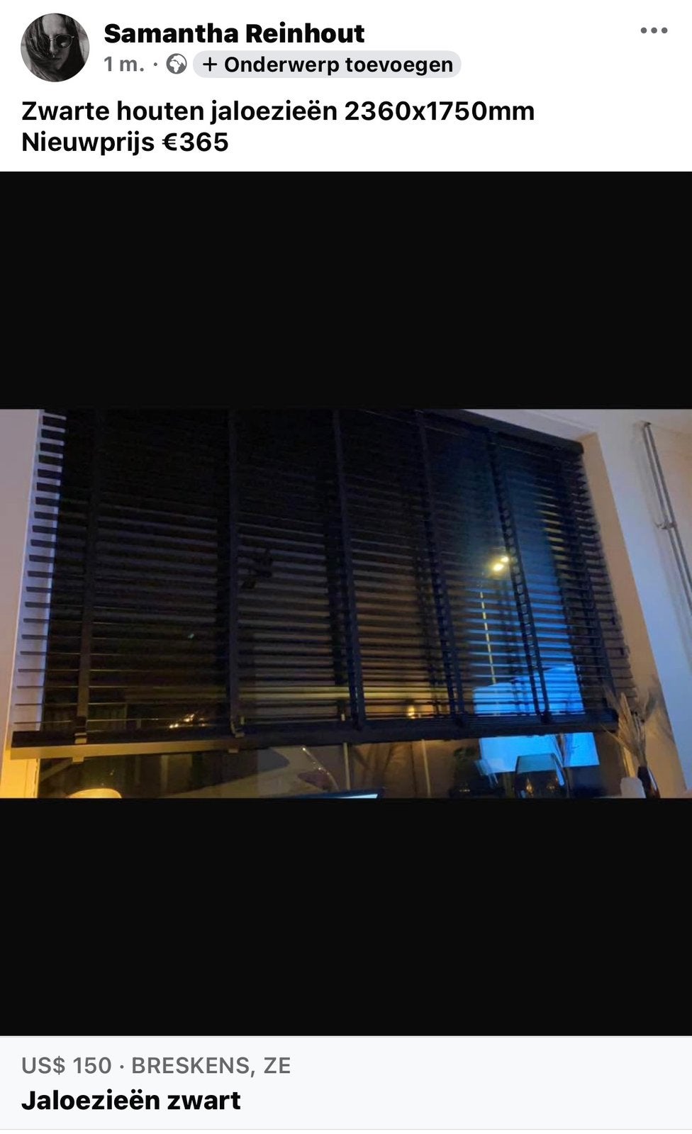 Houten zwarte jaloezieën, Ophalen, Zwart, Zo goed als nieuw, 200 cm of meer