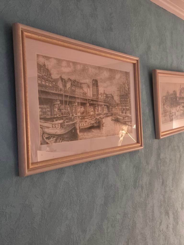 Twee ingelijste schetsen / prenten Rotterdam, Antiek en Kunst, Ophalen of Verzenden