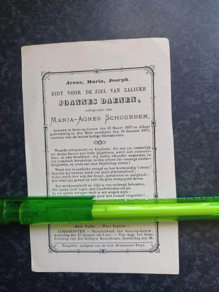 Bidprentje Gors op Leeuw Joannes Daenen 1807 1875, Ophalen, Bidprentje